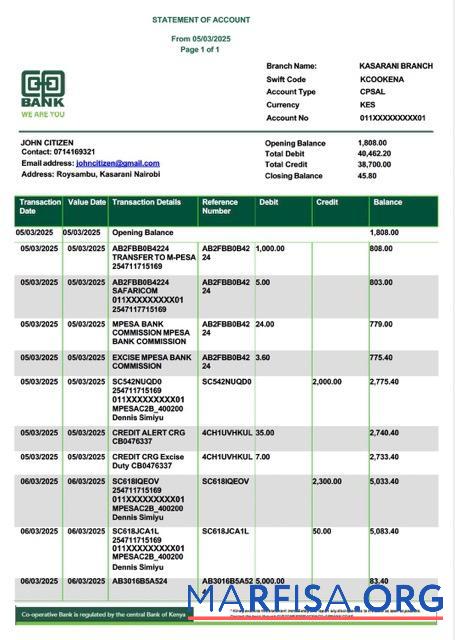 Printable Kenya Co operative bank statement word version 2 sample